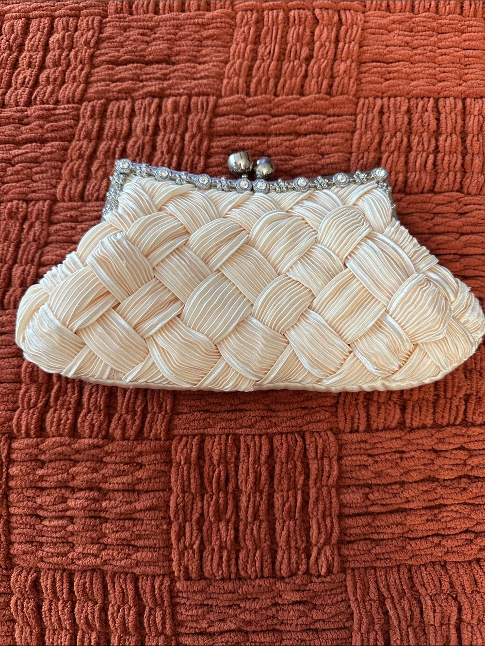 Cream Woven Satin Clutch with Rhinestone Frame